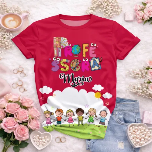 Arte pronta para camisa professora animada criancas de maos dadas formato CDR CorelDraw com varias cores