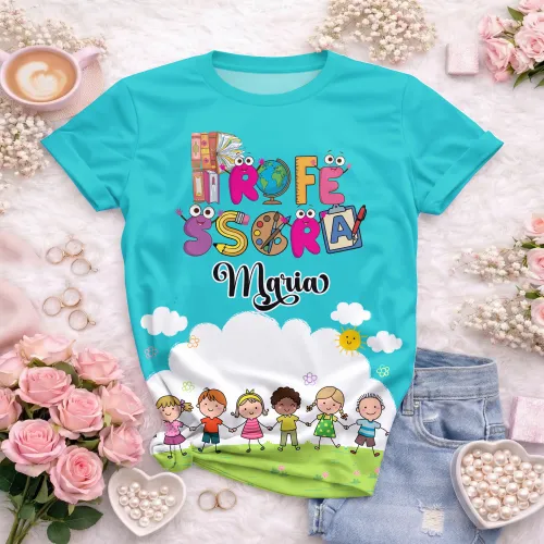 Arte pronta para camisa professora animada criancas de maos dadas formato CDR CorelDraw com varias cores