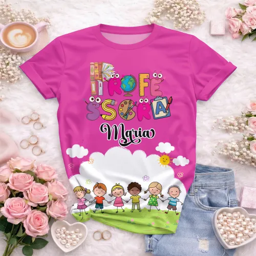 Arte pronta para camisa professora animada criancas de maos dadas formato CDR CorelDraw com varias cores