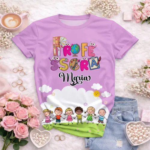 Arte pronta para camisa professora animada criancas de maos dadas formato CDR CorelDraw com varias cores