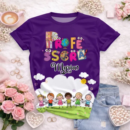 Arte pronta para camisa professora animada criancas de maos dadas formato CDR CorelDraw com varias cores