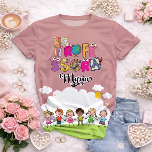 Arte pronta para camisa professora animada criancas de maos dadas formato CDR CorelDraw com varias cores