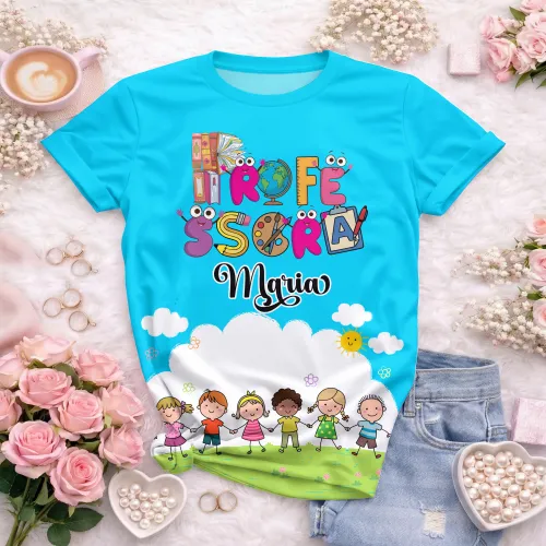 Arte pronta para camisa professora animada criancas de maos dadas formato CDR CorelDraw com varias cores