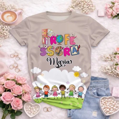 Arte pronta para camisa professora animada criancas de maos dadas formato CDR CorelDraw com varias cores