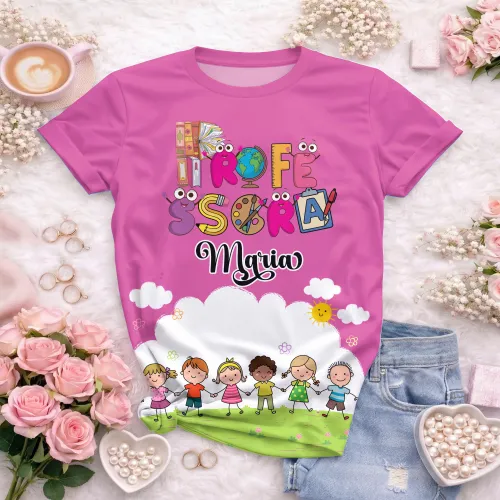 Arte pronta para camisa professora animada criancas de maos dadas formato CDR CorelDraw com varias cores