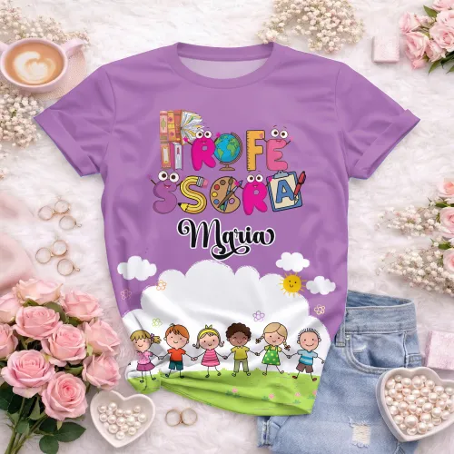 Arte pronta para camisa professora animada criancas de maos dadas formato CDR CorelDraw com varias cores