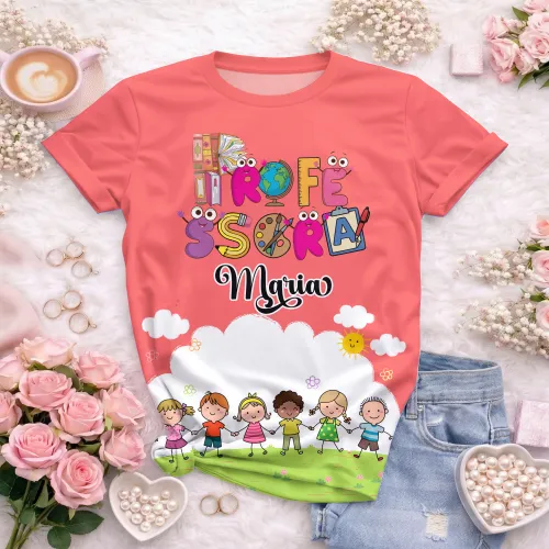 Arte pronta para camisa professora animada criancas de maos dadas formato CDR CorelDraw com varias cores