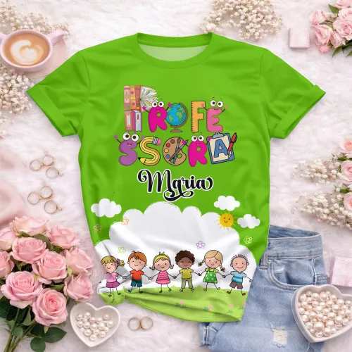 Arte pronta para camisa professora animada criancas de maos dadas formato CDR CorelDraw com varias cores