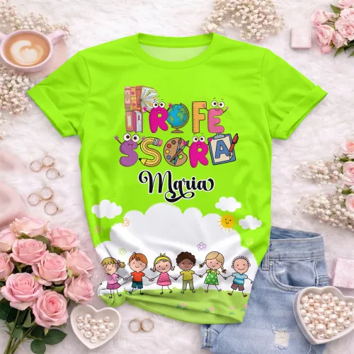 Arte pronta para camisa professora animada criancas de maos dadas formato CDR CorelDraw com varias cores