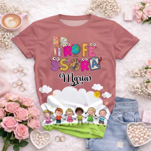 Arte pronta para camisa professora animada criancas de maos dadas formato CDR CorelDraw com varias cores
