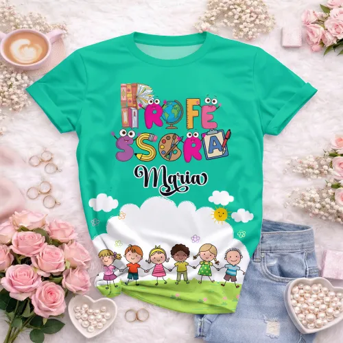 Arte pronta para camisa professora animada criancas de maos dadas formato CDR CorelDraw com varias cores