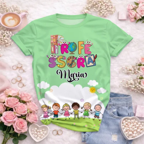 Arte pronta para camisa professora animada criancas de maos dadas formato CDR CorelDraw com varias cores
