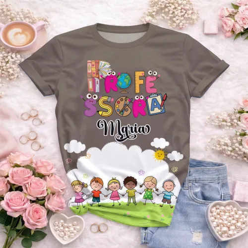 Arte pronta para camisa professora animada criancas de maos dadas formato CDR CorelDraw com varias cores