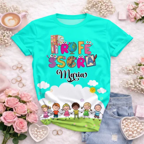 Arte pronta para camisa professora animada criancas de maos dadas formato CDR CorelDraw com varias cores