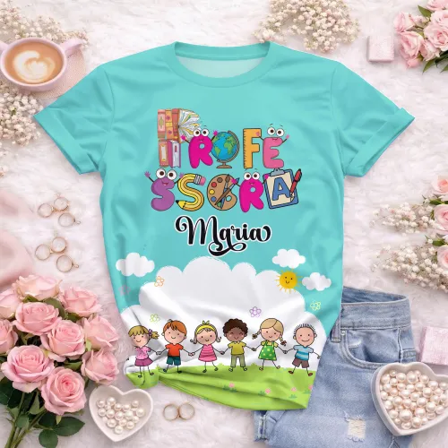 Arte pronta para camisa professora animada criancas de maos dadas formato CDR CorelDraw com varias cores