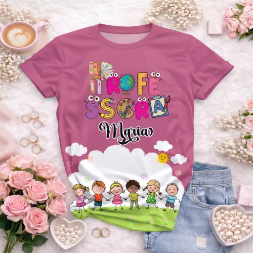 Arte pronta para camisa professora animada criancas de maos dadas formato CDR CorelDraw com varias cores