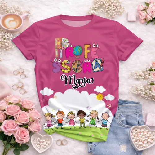 Arte pronta para camisa professora animada criancas de maos dadas formato CDR CorelDraw com varias cores