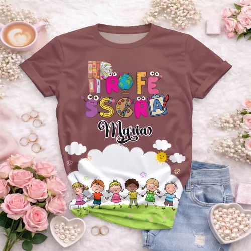 Arte pronta para camisa professora animada criancas de maos dadas formato CDR CorelDraw com varias cores