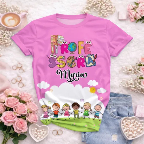Arte pronta para camisa professora animada criancas de maos dadas formato CDR CorelDraw com varias cores