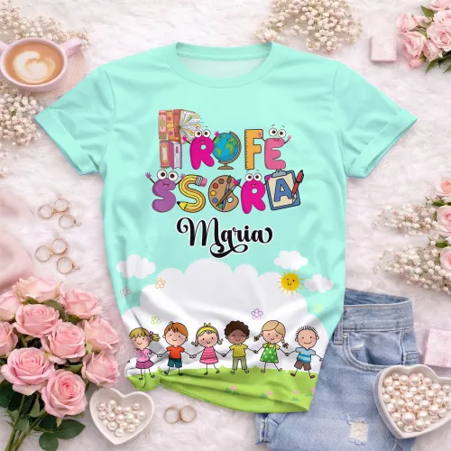 Arte pronta para camisa professora animada criancas de maos dadas formato CDR CorelDraw com varias cores