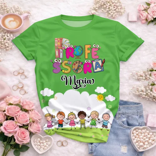 Arte pronta para camisa professora animada criancas de maos dadas formato CDR CorelDraw com varias cores