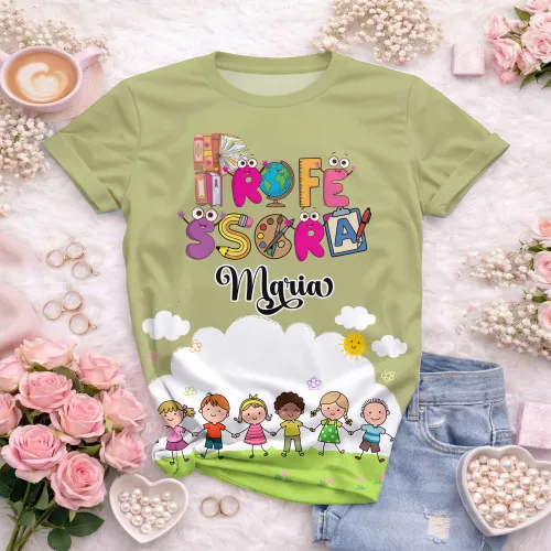 Arte pronta para camisa professora animada criancas de maos dadas formato CDR CorelDraw com varias cores