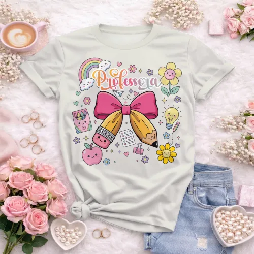 Arte pronta para camisa de professora candy laço lapis formato CDR CorelDraw com varias cores