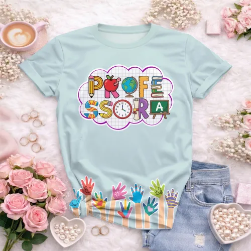 Arte pronta para camisa professora letras escolares maozinhas formato CDR CorelDraw com varias cores