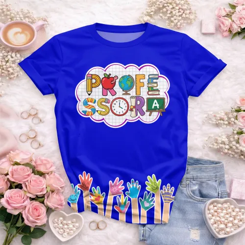 Arte pronta para camisa professora letras escolares maozinhas formato CDR CorelDraw com varias cores