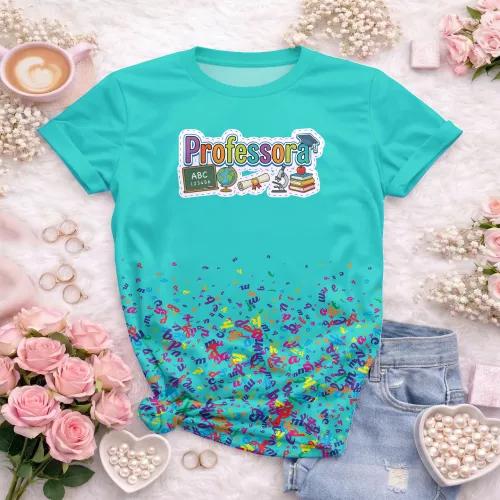Arte pronta para camisa professora pedagogica letras coloridas elementos escolares formato CDR CorelDraw