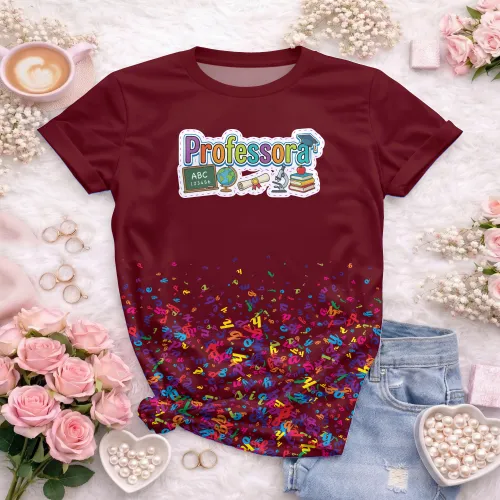 Arte pronta para camisa professora pedagogica letras coloridas elementos escolares formato CDR CorelDraw