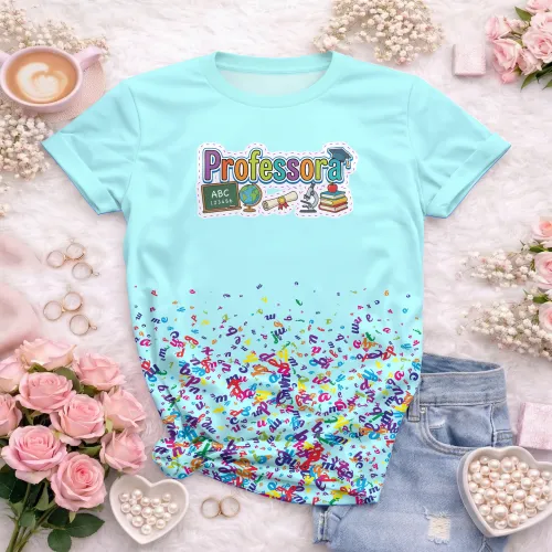 Arte pronta para camisa professora pedagogica letras coloridas elementos escolares formato CDR CorelDraw