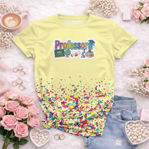Arte pronta para camisa professora pedagogica letras coloridas elementos escolares formato CDR CorelDraw
