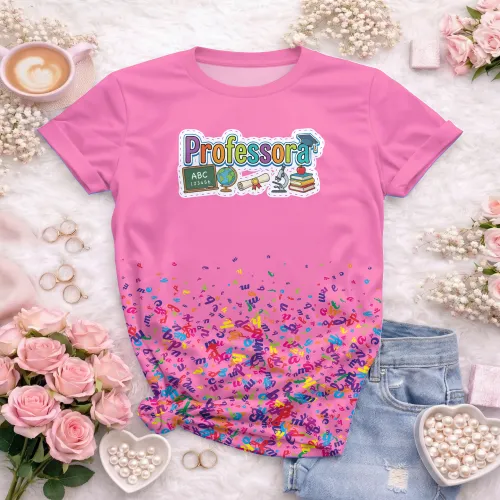 Arte pronta para camisa professora pedagogica letras coloridas elementos escolares formato CDR CorelDraw