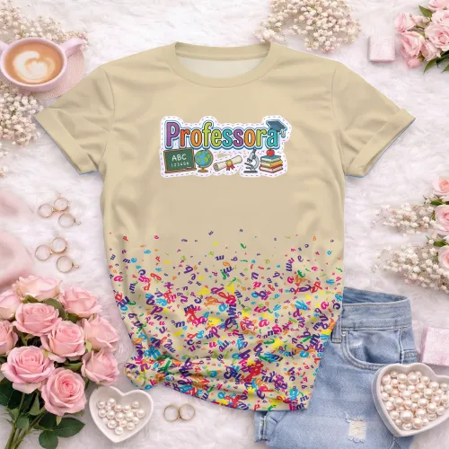Arte pronta para camisa professora pedagogica letras coloridas elementos escolares formato CDR CorelDraw