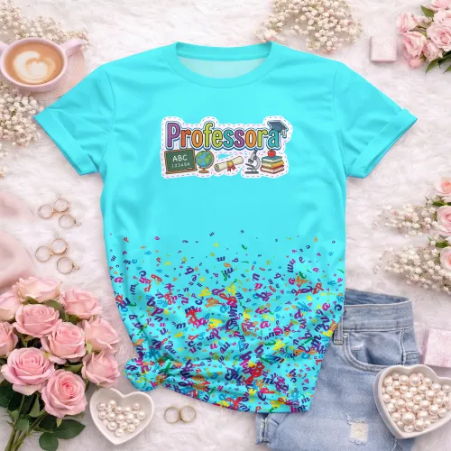 Arte pronta para camisa professora pedagogica letras coloridas elementos escolares formato CDR CorelDraw