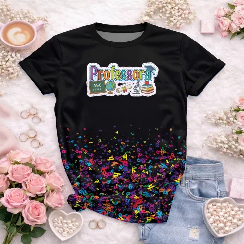 Arte pronta para camisa professora pedagogica letras coloridas elementos escolares formato CDR CorelDraw