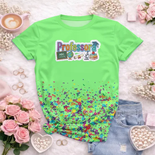 Arte pronta para camisa professora pedagogica letras coloridas elementos escolares formato CDR CorelDraw