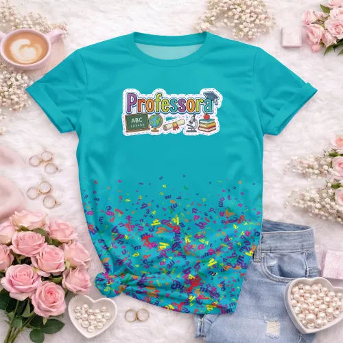 Arte pronta para camisa professora pedagogica letras coloridas elementos escolares formato CDR CorelDraw