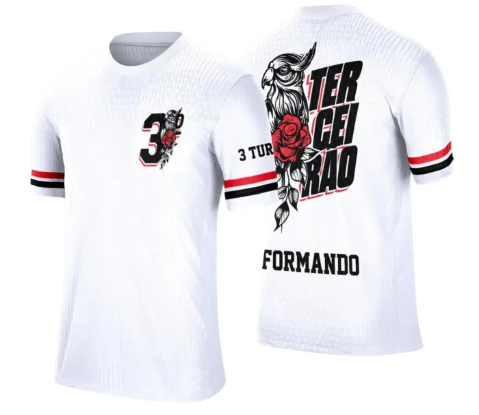 Arte Camiseta Terceirão Rosa Vermelha e Pássaro – Estampa Uniforme
