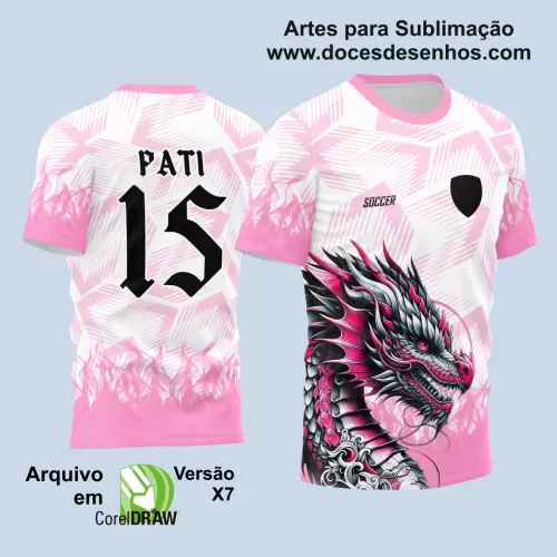 Arte Estampa Camisa Rosa e Branca Interclasse - Jogos Internos 2024 -Dragão Chamas Rosas