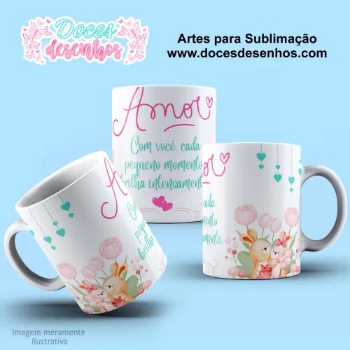 Arte Estampa Caneca Coelhinos Fofos Sublimação - Dia dos Namorados 2024