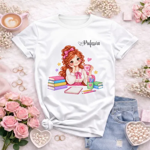 Arte Professora Café e Livros em CDR com fonte inclusa e texto editável. Ideal para camisetas, volta às aulas e Dia dos Professores 2026 e 2027.