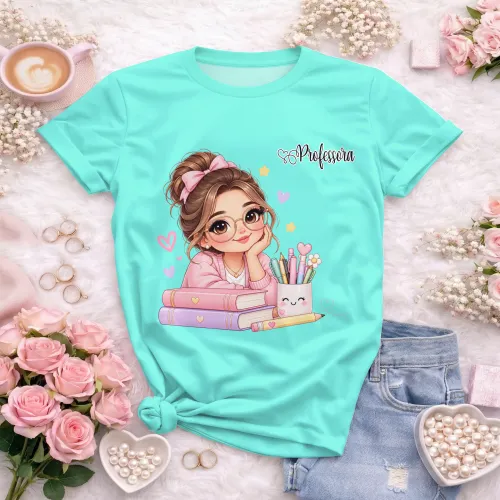 Arte Professora fofa com livros em CDR e fonte inclusa. Texto personalizável para camisetas, Volta às Aulas e Dia dos Professores 2026 e 2027.