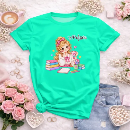 Arte Professora Loira com Café e Livros em CDR, fonte inclusa e texto editável. Ideal para camisetas, volta às aulas e professores 2026 e 2027.