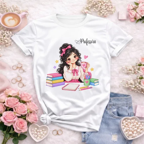 Arte Professora Morena com Café e Livros em CDR, fonte inclusa e texto editável. Ideal para professoras, volta às aulas e personalizados 2026 e 2027.