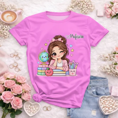 Arte Professora com globo e livros em CDR, fonte inclusa e texto editável. Ideal para camisetas, Volta às Aulas e Professores 2026 e 2027.