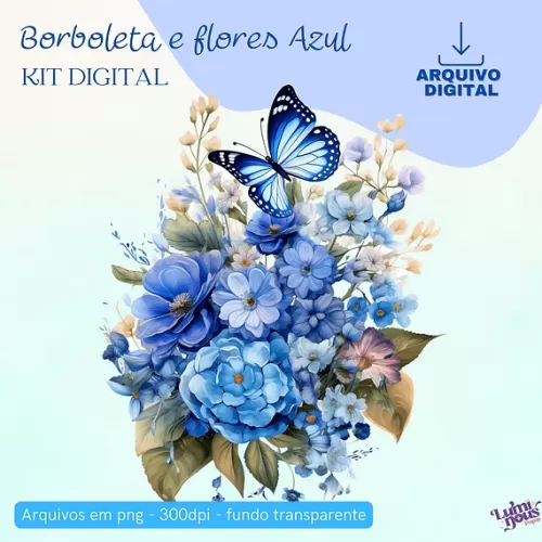 Borboletas e Flores Azuis – Kit Digital