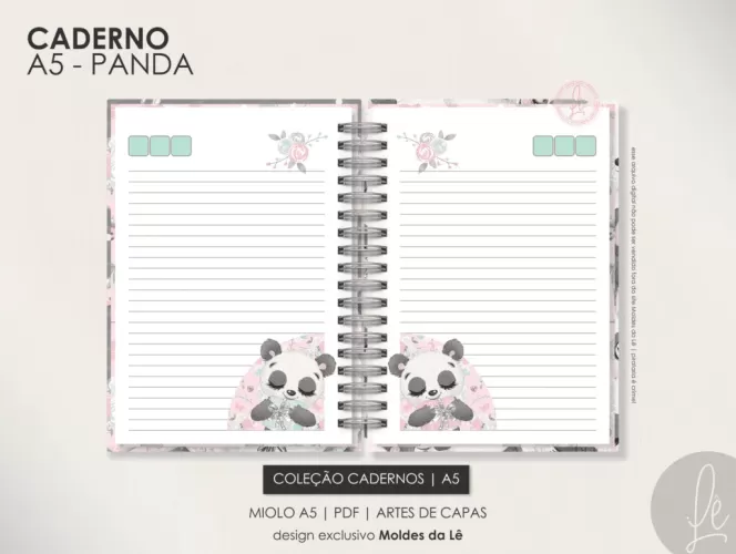 Caderno Pautado A5 – Panda (Moldes da Lê)
