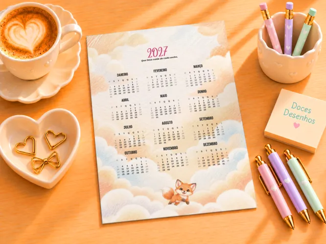 Calendário A5 2027 com cachorrinhos fofos entre nuvens verdes
Calendário A5 2027 com ouriço fofo dormindo entre nuvens lilás
Calendário A5 2027 com elefantinho fofo entre nuvens em tons pastel
Calendário A5 2027 com ouriço fofo dormindo entre nuvens rosas
Calendário A5 2027 com passarinho fofo segurando ramo entre nuvens verdes
Calendário A5 2027 com elefantinho fofo entre nuvens azuis
Calendário A5 2027 com elefantinho fofo entre nuvens lilás
Calendário A5 2027 com ursinho fofo dormindo entre nuvens verdes
Calendário A5 2027 com bichinho marrom fofo segurando coração entre nuvens
Calendário A5 2027 com abelhinha fofa e pote de mel entre nuvens amarelas
Calendário A5 2027 com raposinha fofa entre nuvens em tons suaves